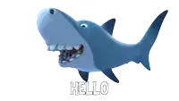 a cartoon shark with the word hello written on it