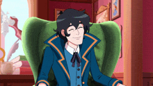 a cartoon character is sitting in a chair and smiling