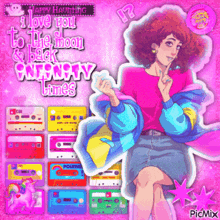 a girl in a pink shirt is surrounded by cassette tapes and says " i love you to the moon & back "