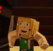 a minecraft character with blonde hair and a green shirt is standing next to a table .