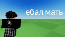 a person with a black shirt with a spider on it is standing in a field