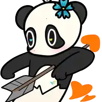 a cartoon of a panda bear holding an arrow with a flower in its hair