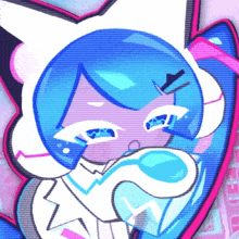 a cartoon character with blue hair and white ears is crying with a heart in the background