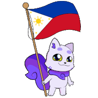 a cartoon cat holding a flag with the sun on it