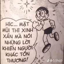 a cartoon character with a speech bubble that says " hic... mat mui thit xinh "