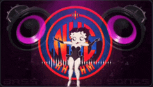 a betty boop logo with purple speakers and the word bass on the bottom