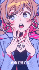 a cartoon girl with a surprised look on her face is making a cross sign with her hands .