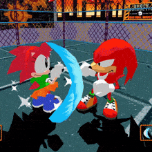 sonic and knuckles are fighting in a video game with a sign that says justice
