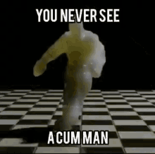 a statue of a man covered in cum is running on a checkerboard floor .