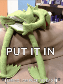 a stuffed frog laying on a couch with the words put it in below it