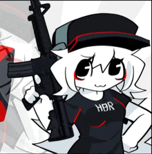 a cartoon character is holding a gun and wearing a shirt that says hbr