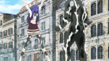 a girl with blue hair is standing in front of a building while a monster stands behind her