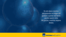 a blue background with christmas ornaments and the words en esta epoca nuestros pensamientos se dirigen con gratitud