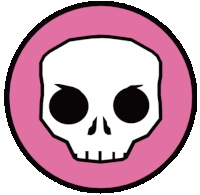 a cartoon skull in a pink circle with black eyes