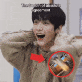 a man with his mouth open and the words " the soobin of absolute agreement " behind him