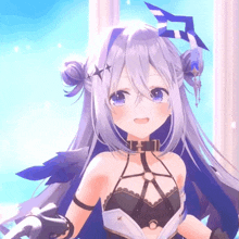 a girl with purple hair and blue eyes is wearing a choker and a black top