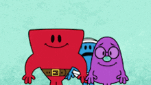 three cartoon characters are standing next to each other and one of them has a belt around his waist