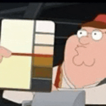 a cartoon character from family guy is holding a palette of colors .