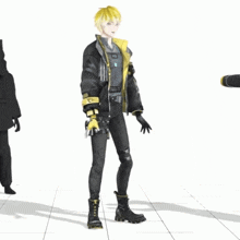 a 3d model of a man in a black and yellow jacket with the letter s on his chest