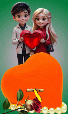 a picture of a boy and a girl holding a heart with the name amit written on the orange heart