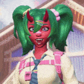 a cartoon girl with green hair and horns is wearing a pink backpack