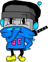 a cartoon character is wearing a blue hoodie with the letter sg on it