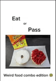 a bag of cheetos is next to a bagel with strawberries on it