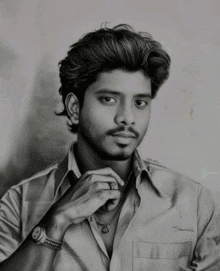 a black and white drawing of a man with a watch on his wrist and a purple background