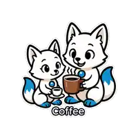 a couple of cartoon foxes holding cups of coffee with the word coffee below them