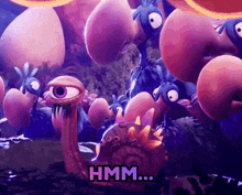 a cartoon character says hmm in front of a bunch of purple monsters