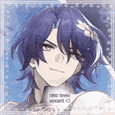 a purple haired anime character with the words ratio loves vincent < 3 below him