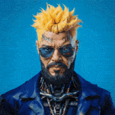 a man with a beard and yellow hair has a tattoo on his face that says crazy