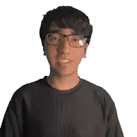 a man wearing glasses and a black shirt with the name dean on it