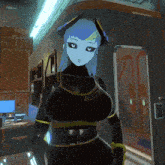 a blurred image of a woman standing in front of a computer