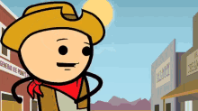 a cartoon of a cowboy standing in front of a saloon
