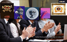 a group of people are clapping in front of a poster that says rollbit meeting