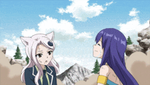 two anime girls are standing next to each other with one having a cat ear