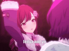 a cartoon girl with red hair and a flower in her hair is standing next to another girl with purple hair ..