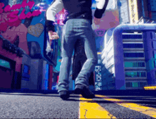 a pixelated image of a person walking down a street with a sign that says ' boys ' on it