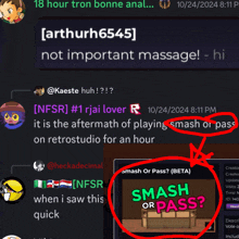 a screenshot of a discord conversation between arthurh6545 and nfsr # 1 rjai lover