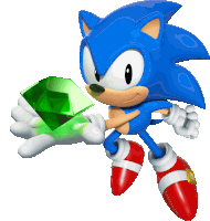 sonic the hedgehog is holding a green emerald in his right hand