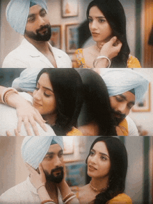 a man in a turban holds a woman in his arms