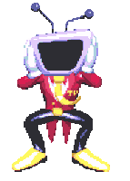 a pixel art of a cartoon character with a tv head and antennas on his head .