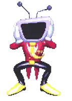 a pixel art of a cartoon character with a tv head and antennas on his head .