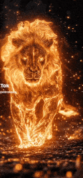 a lion that is covered in flames is running in the dark