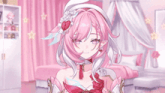 a pink and white anime girl is waving her hand in a pink bedroom .