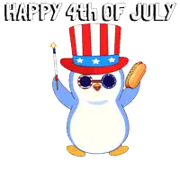 a penguin in an uncle sam hat holding a hot dog