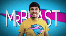 a man wearing a yellow t-shirt that says mrbeast on it