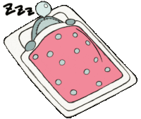 a cartoon drawing of a bed with a pink blanket and a teddy bear sleeping on it