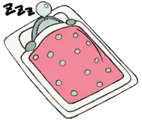 a cartoon drawing of a bed with a pink blanket and a teddy bear sleeping on it